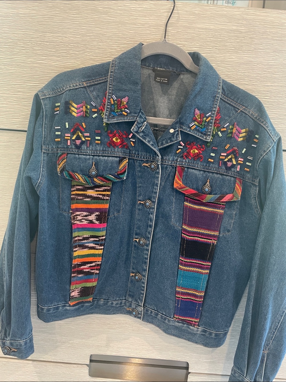 Carole Little Colorful Tribal Embellished Denim Jacket w Turquoise Sun Buttons